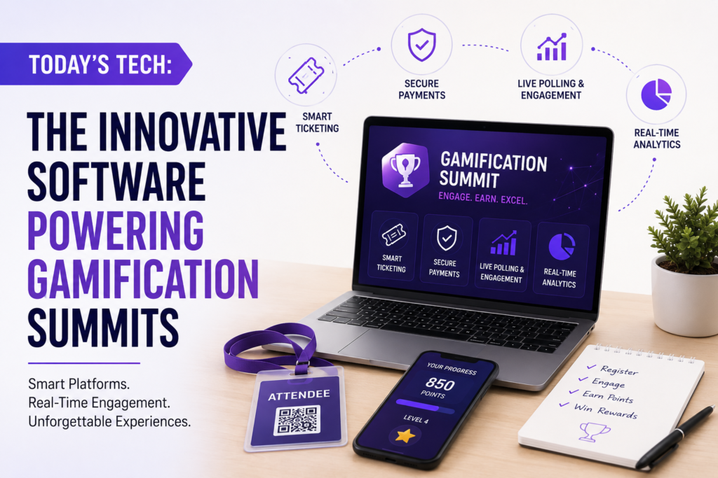 Laptop displaying gamification summit software with ticketing, payments, engagement, and analytics tools.