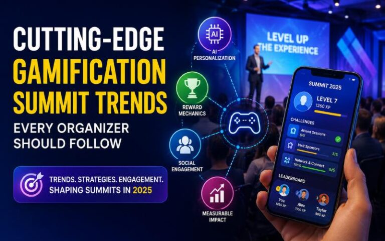 Gamification summit audience using an event app with AI personalization, leaderboards, and engagement challenges.