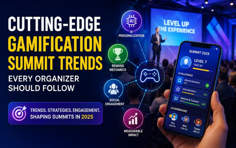 Gamification summit audience using an event app with AI personalization, leaderboards, and engagement challenges.