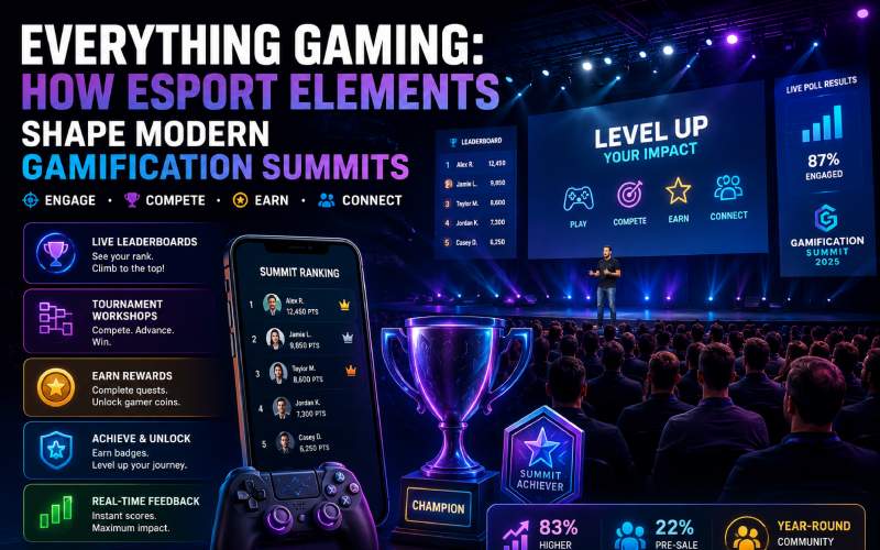 Esports-inspired gamification summit featuring live leaderboards, rewards, rankings, and an engaged conference audience.