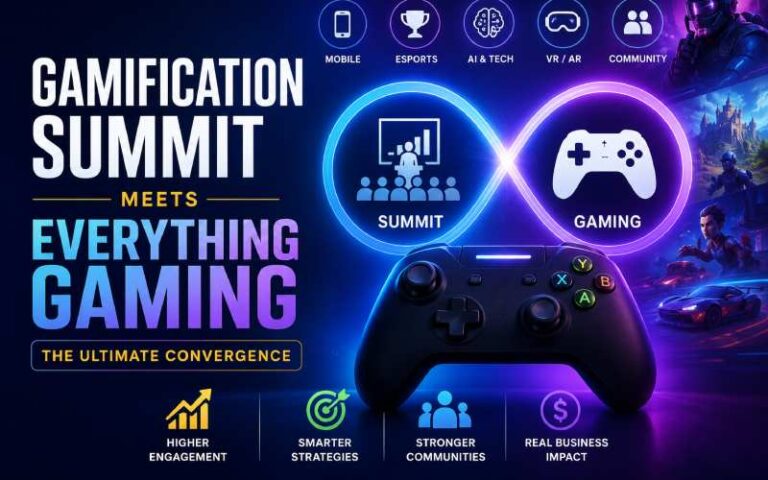 Gamification Summit meets everything gaming with a game controller, strategy icons, and futuristic gaming visuals.