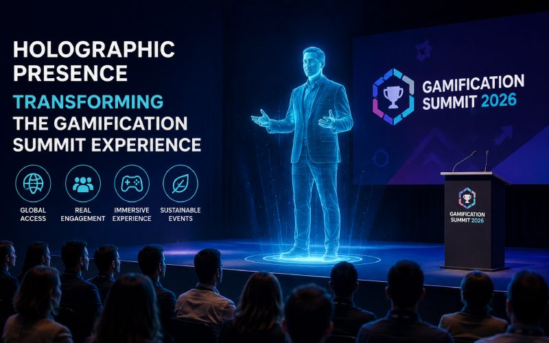 Holographic speaker presenting on stage at a gamification summit with a live audience.