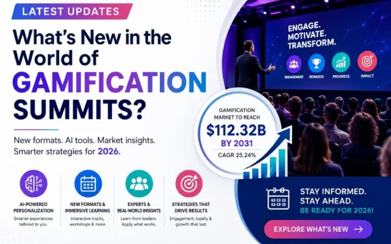 Featured image showing a gamification summit conference highlighting AI tools, new event formats, market growth, and emerging trends shaping gamification in 2026.