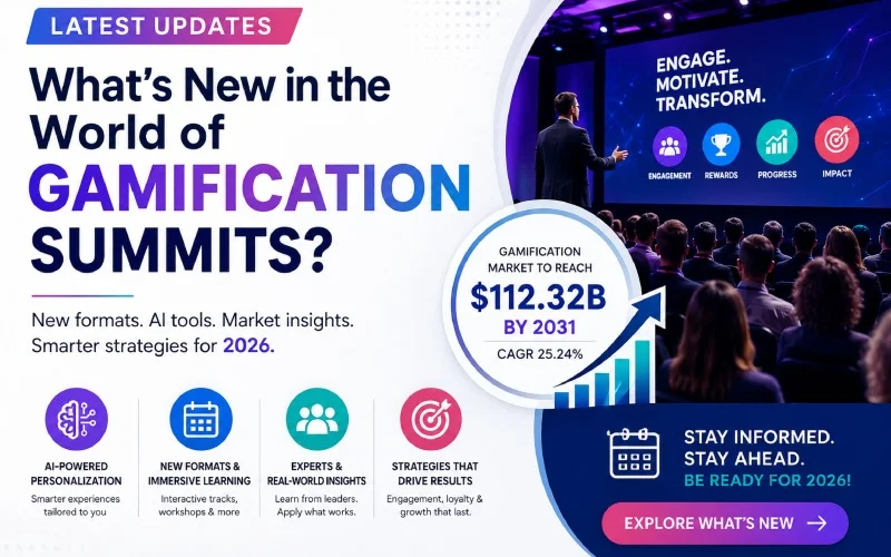 Featured image showing a gamification summit conference highlighting AI tools, new event formats, market growth, and emerging trends shaping gamification in 2026.