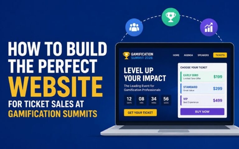 Website for Ticket Sales at Gamification Summits featuring ticket tiers, referral rewards, gamification dashboard, and event registration interface.
