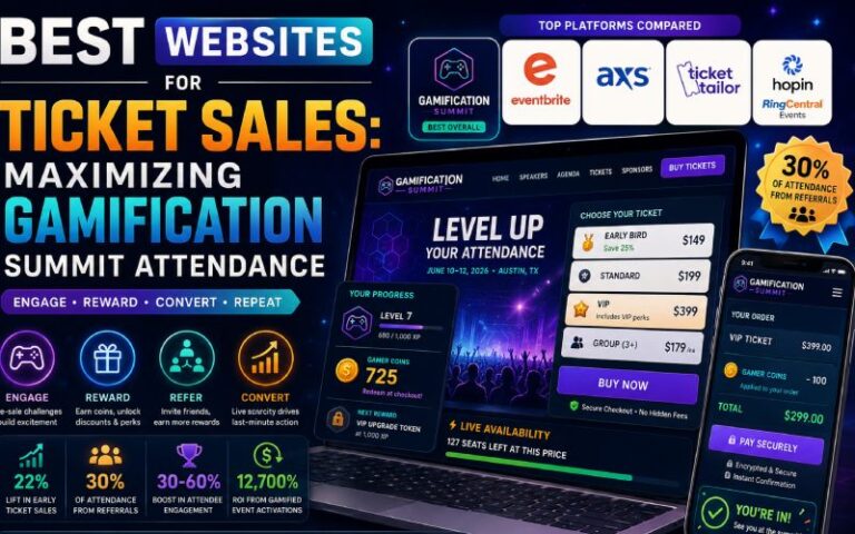 Colorful promotional graphic showing gamified event ticketing platforms with a laptop and phone interface, highlighting ticket tiers, rewards, and analytics for Gamification Summit attendance.