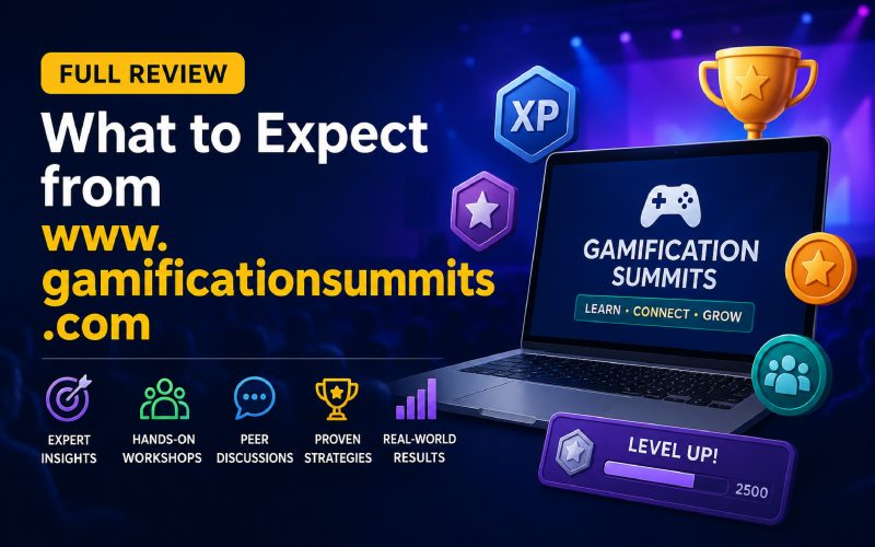 Laptop displaying a gamification summit platform with gaming icons, rewards, and event engagement elements.