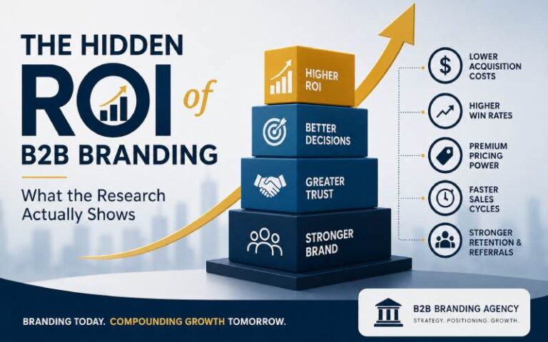 Business growth illustration showing how strong B2B branding improves ROI, trust, sales performance, and long-term revenue.
