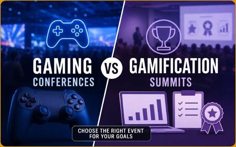 Split illustration comparing gaming conferences and gamification summits with game controller and business presentation visuals.