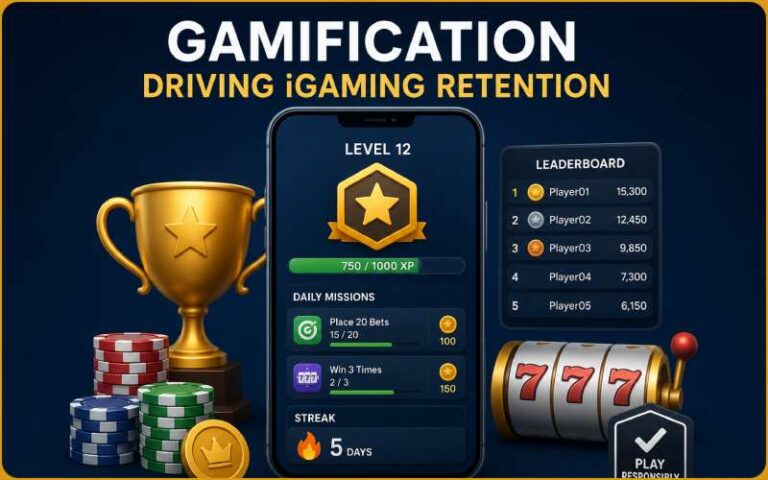 Gamification dashboard showing player progress, rewards, and leaderboard for improving iGaming retention.