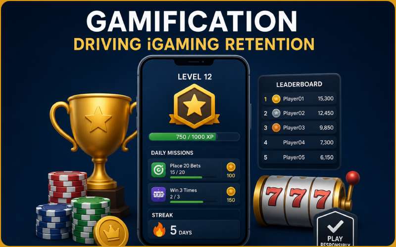 Gamification dashboard showing player progress, rewards, and leaderboard for improving iGaming retention.