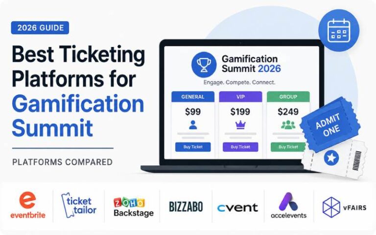 Comparison of 2026 ticketing platforms for Gamification Summit with online ticket tiers and event registration.
