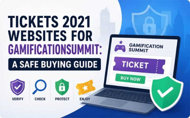 Secure online ticket purchase for a gamification summit with laptop, ticket, and security shield.