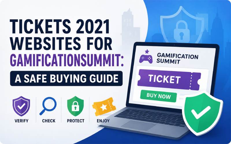 Secure online ticket purchase for a gamification summit with laptop, ticket, and security shield.