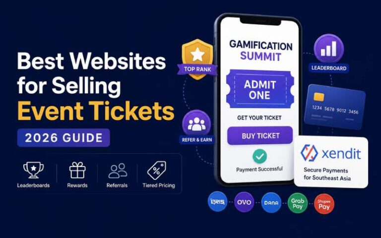 Illustration of a gamification summit ticketing platform with Xendit payment processing and event ticket checkout.