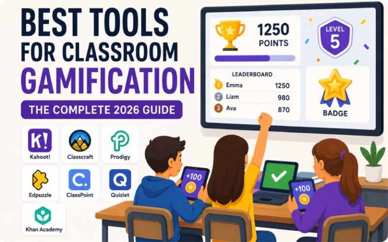 Students using classroom gamification tools with points, badges, and leaderboards for interactive learning.