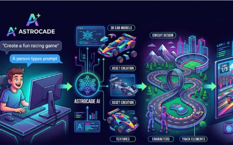 AI game creation platform generating a racing game from a text prompt with Astrocade.