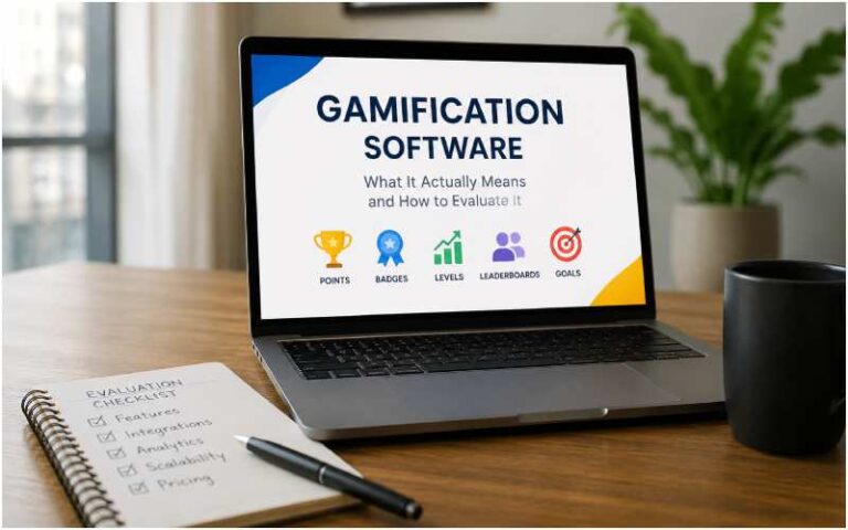Laptop showing gamification software features and evaluation checklist.