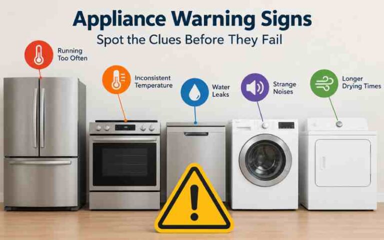 Illustration of common household appliances with warning signs highlighting early problems before appliance failure.