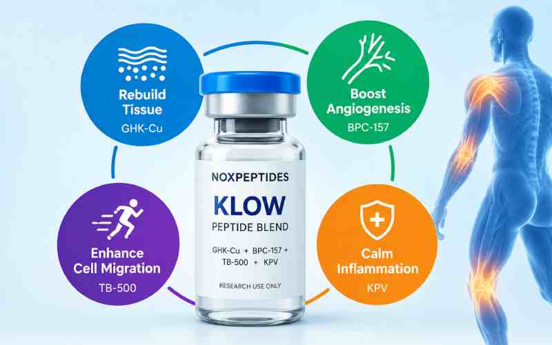 Illustration of the NoxPeptides KLOW peptide blend highlighting tissue repair, collagen support, angiogenesis, cell migration, and inflammation modulation.