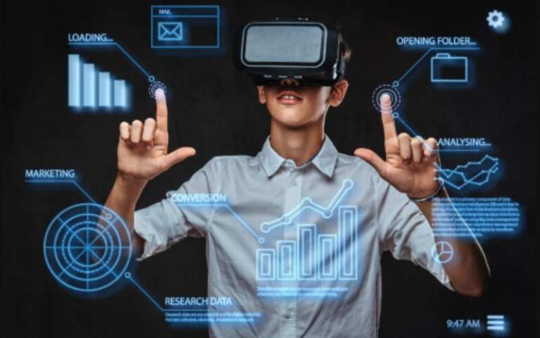 Person using virtual reality headset with digital technology and data analytics graphics