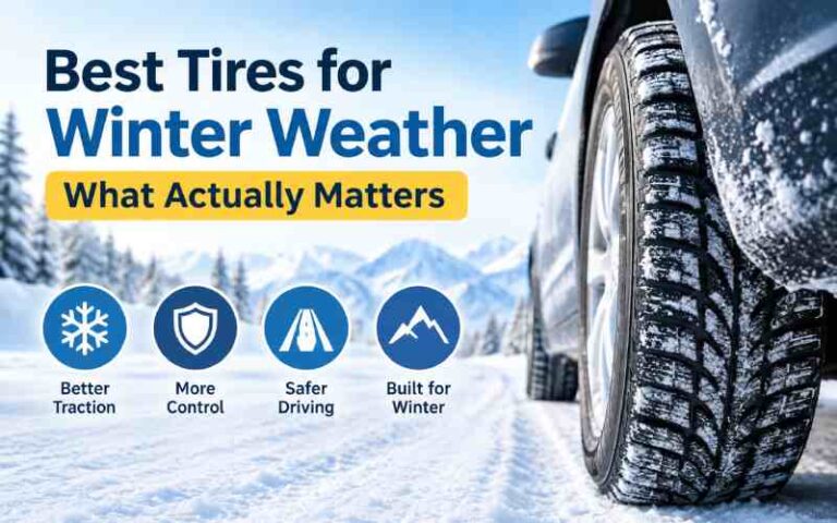 Winter tire gripping a snowy road for better traction and control.