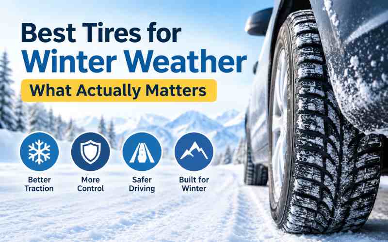 Winter tire gripping a snowy road for better traction and control.
