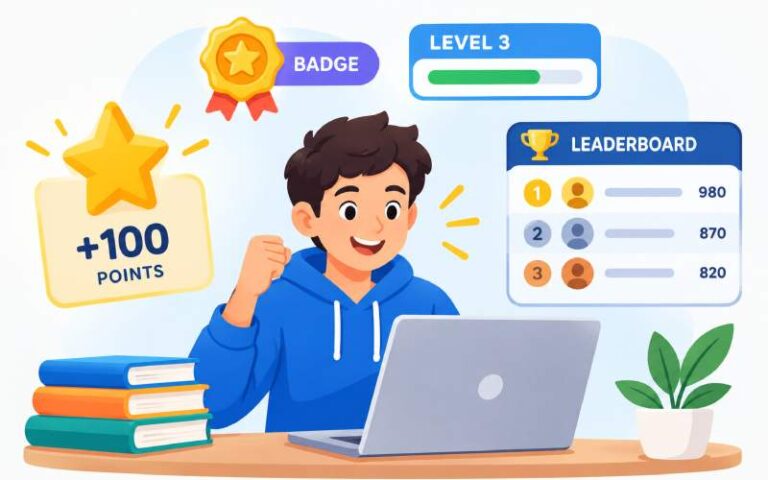 Student using gamification to learn with points, badges, and levels