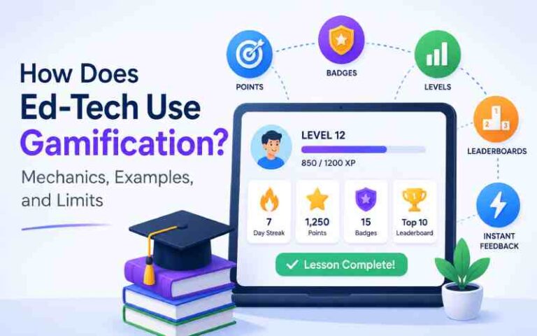 Ed-tech gamification with points, badges, streaks, levels, and leaderboards